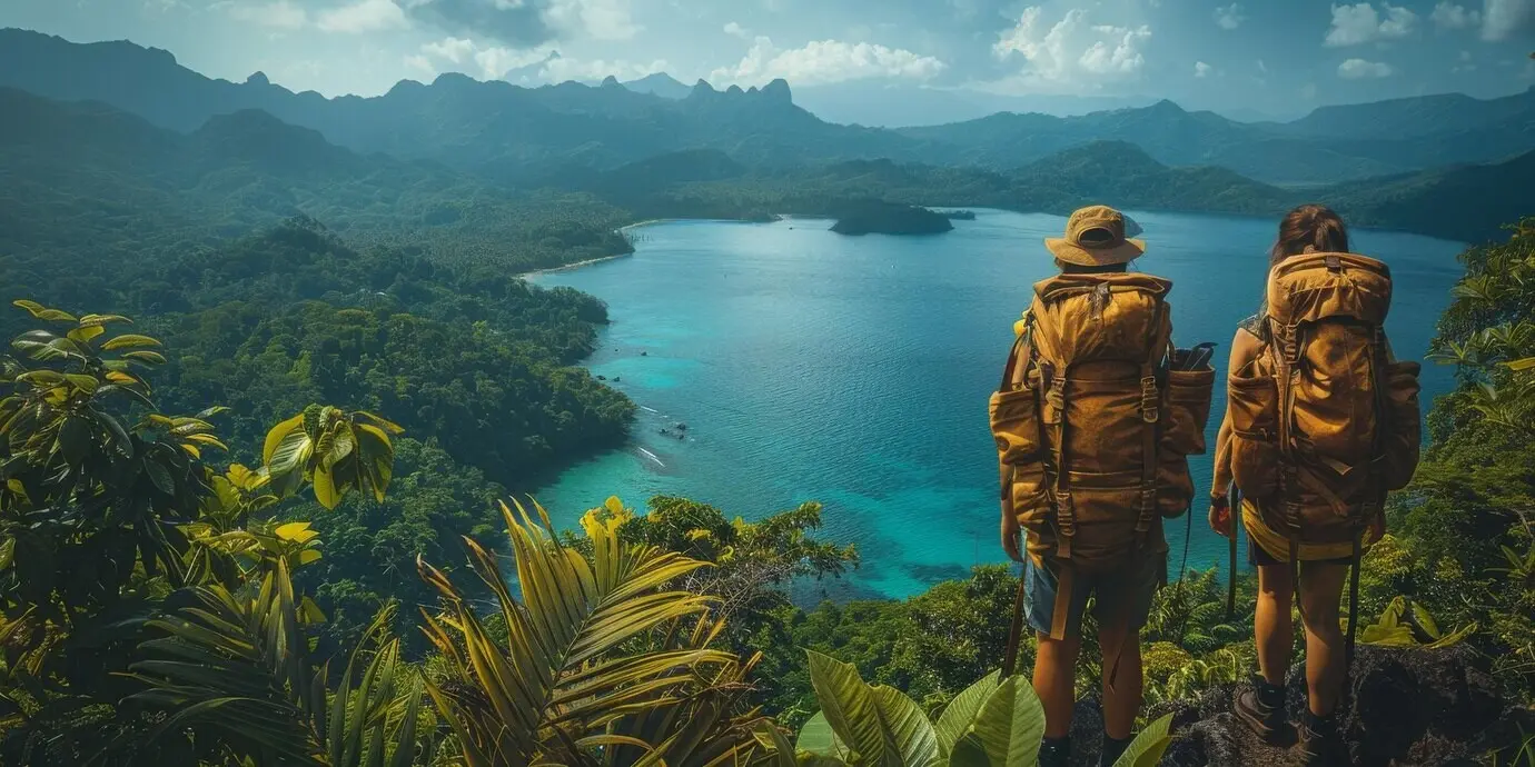 Два человека с рюкзаками стоят на холме и смотрят на озеро.